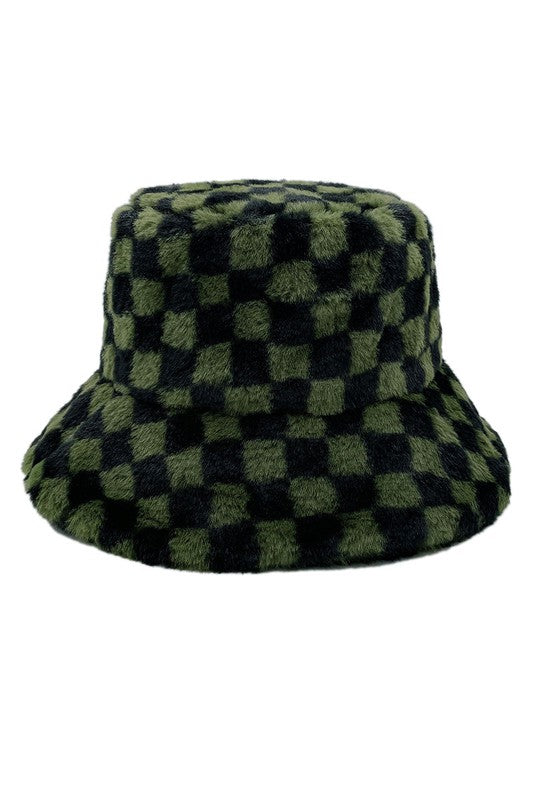 Checkered Printed Fur Bucket Hat