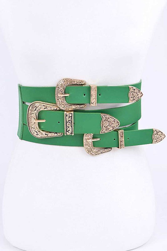 Triple Buckle Elastic Wide Belt (5 Colors)