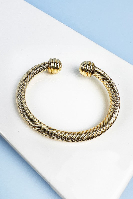 GOLD TWISTED CABLE WIRE OPEN BANGLE CUFF BRACELET