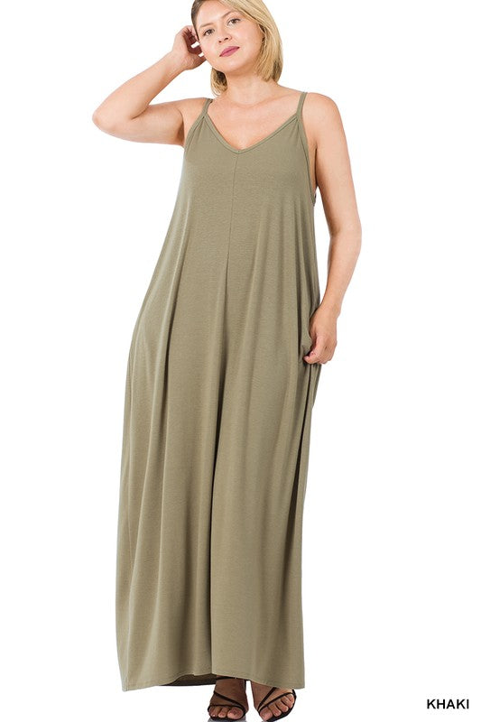 VESTIDO MAXI CAMI CON CUELLO EN V Y BOLSILLOS LATERALES