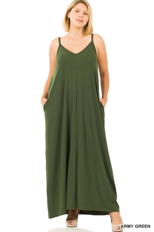 VESTIDO MAXI CAMI CON CUELLO EN V Y BOLSILLOS LATERALES