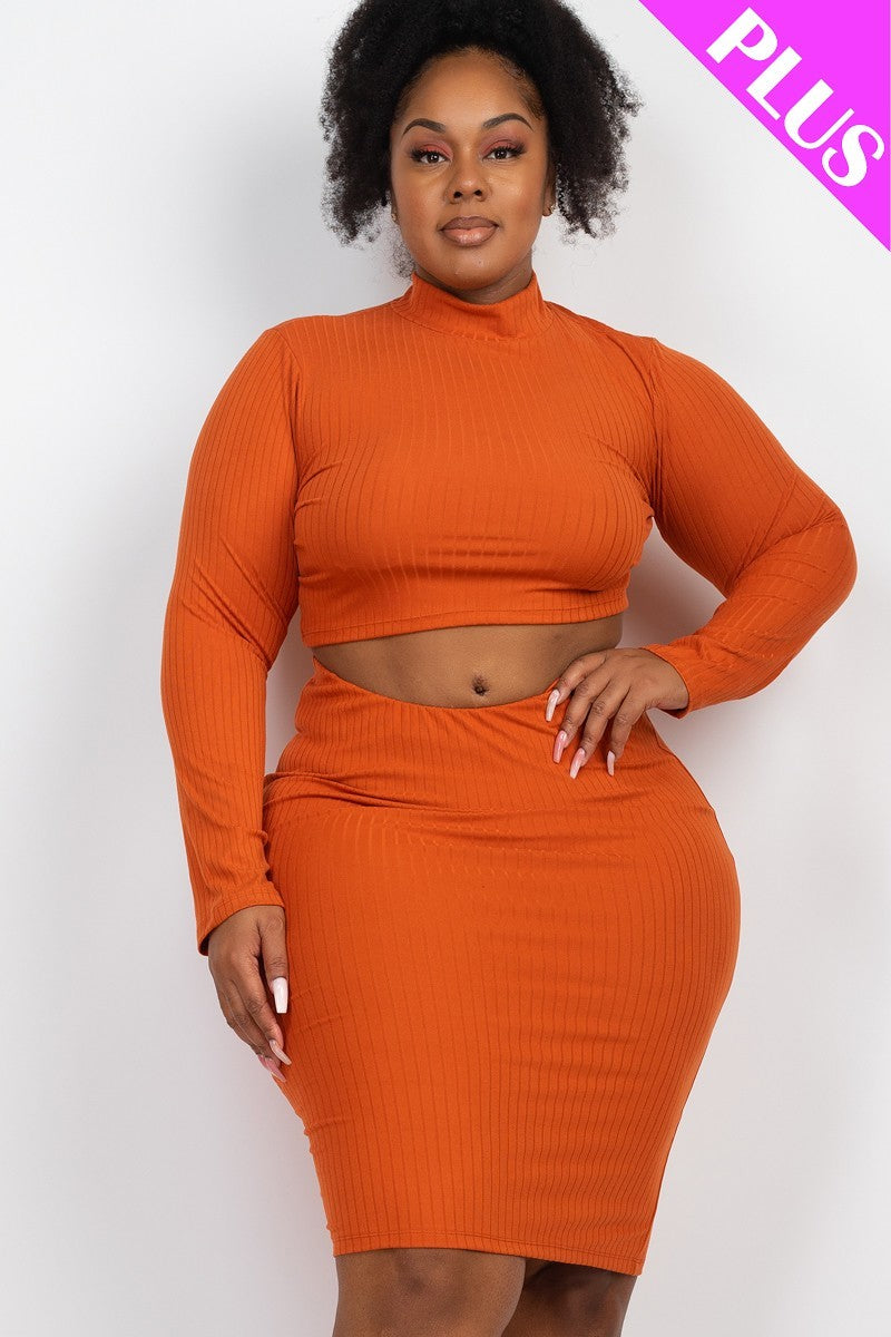 Plus Size Ribbed Mock Neck Crop Top & Midi Skirt Set (6 Colors)