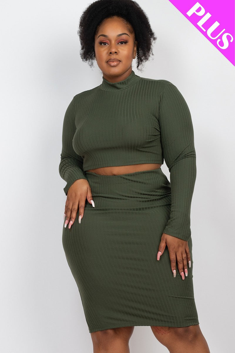 Plus Size Ribbed Mock Neck Crop Top & Midi Skirt Set (6 Colors)