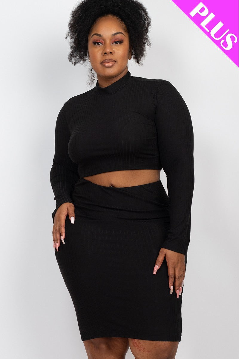 Plus Size Ribbed Mock Neck Crop Top & Midi Skirt Set (6 Colors)