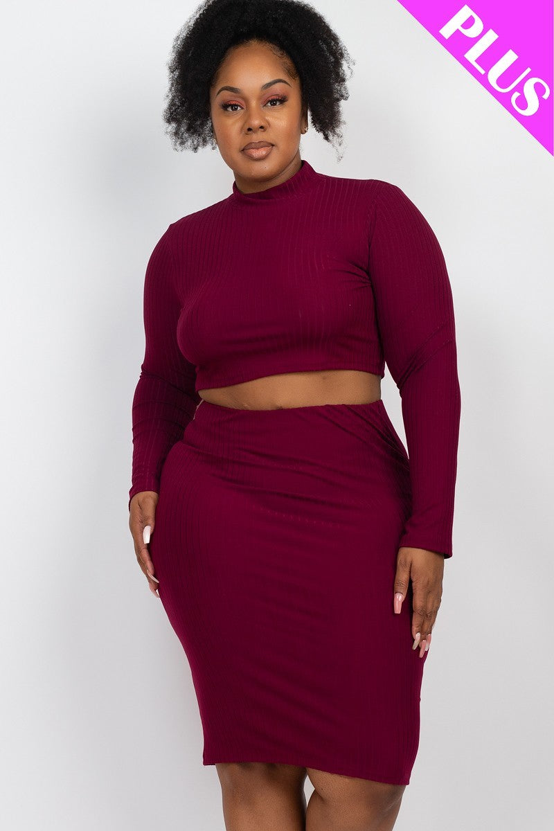 Plus Size Ribbed Mock Neck Crop Top & Midi Skirt Set (6 Colors)