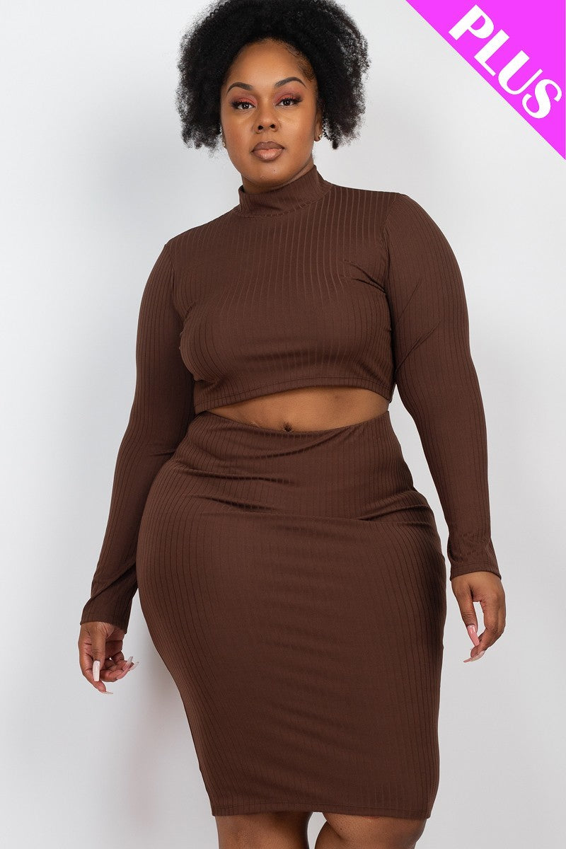 Plus Size Ribbed Mock Neck Crop Top & Midi Skirt Set (6 Colors)