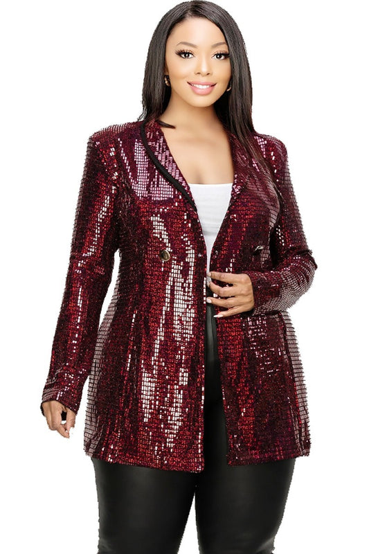 Red Plus Disco Metallic Sequins Double Breasted Blazer