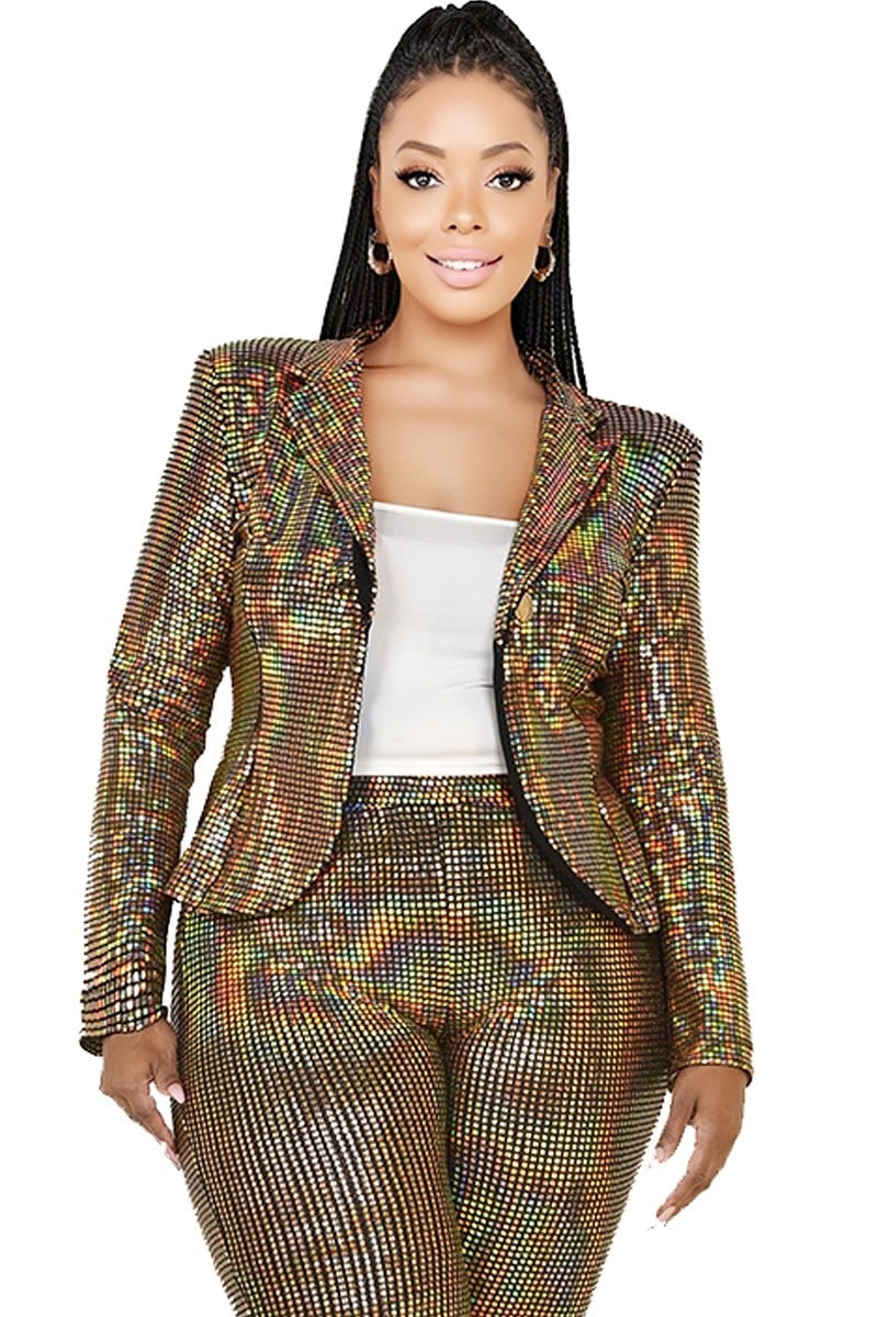 Ensemble de veste 2 pièces à paillettes métalliques Gold Plus Disco