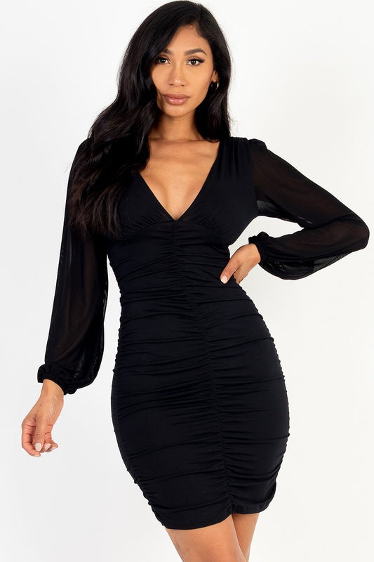 Ruched Mesh Sleeve Dress (More Colors)