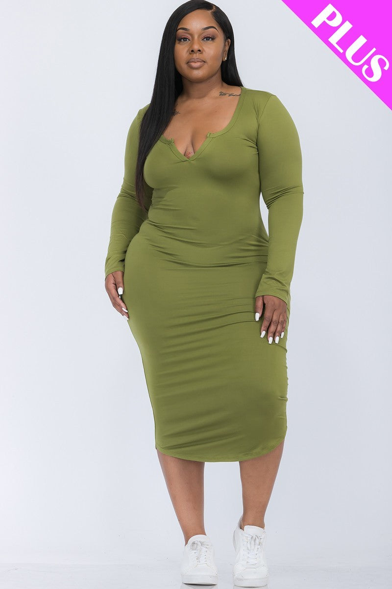 Plus Size Split Neck Long Sleeve Midi Dress | 7 Colors