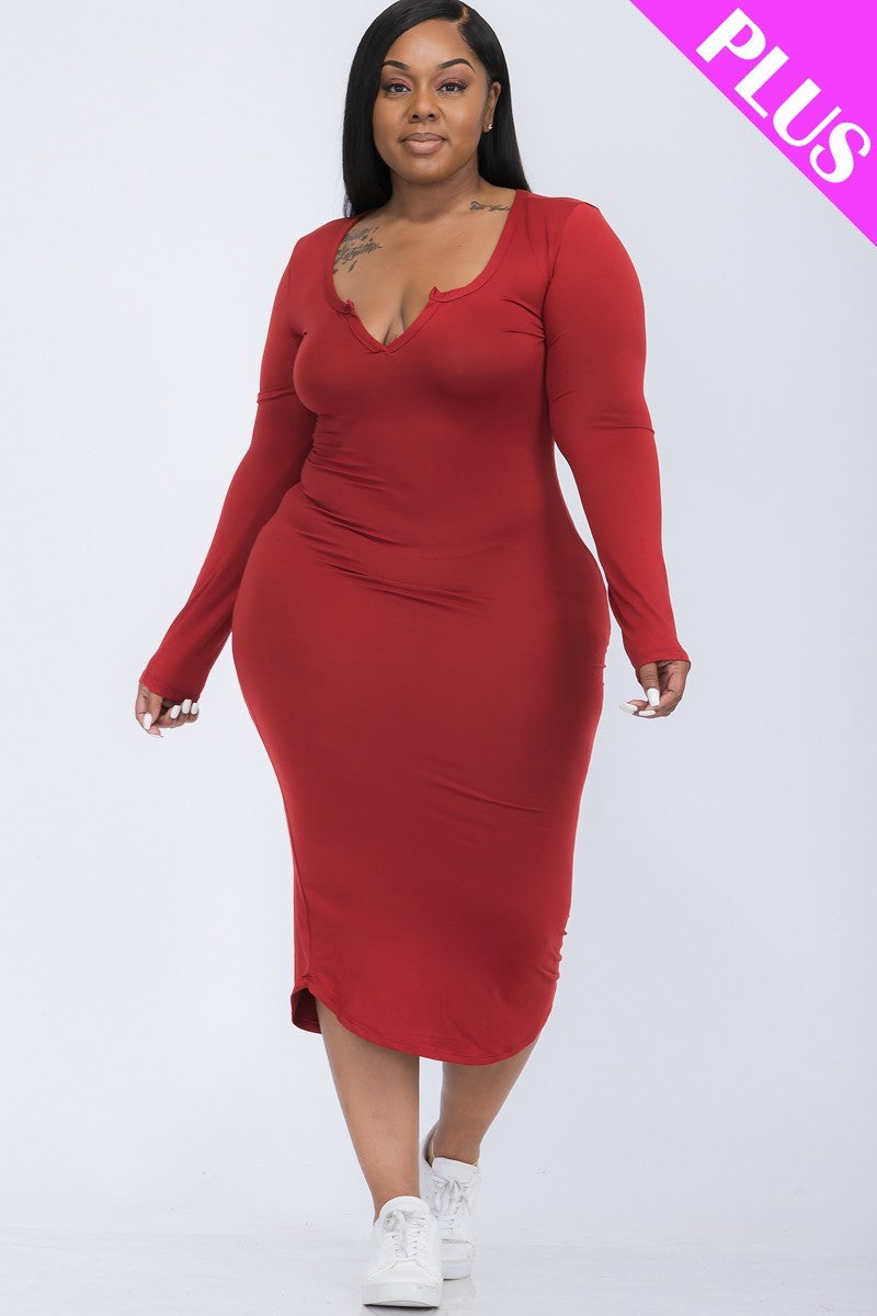 Plus Size Split Neck Long Sleeve Midi Dress | 7 Colors