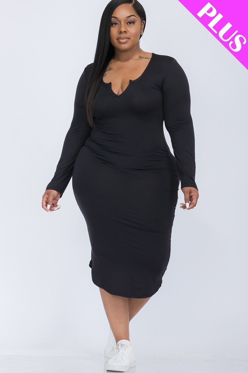 Plus Size Split Neck Long Sleeve Midi Dress | 7 Colors