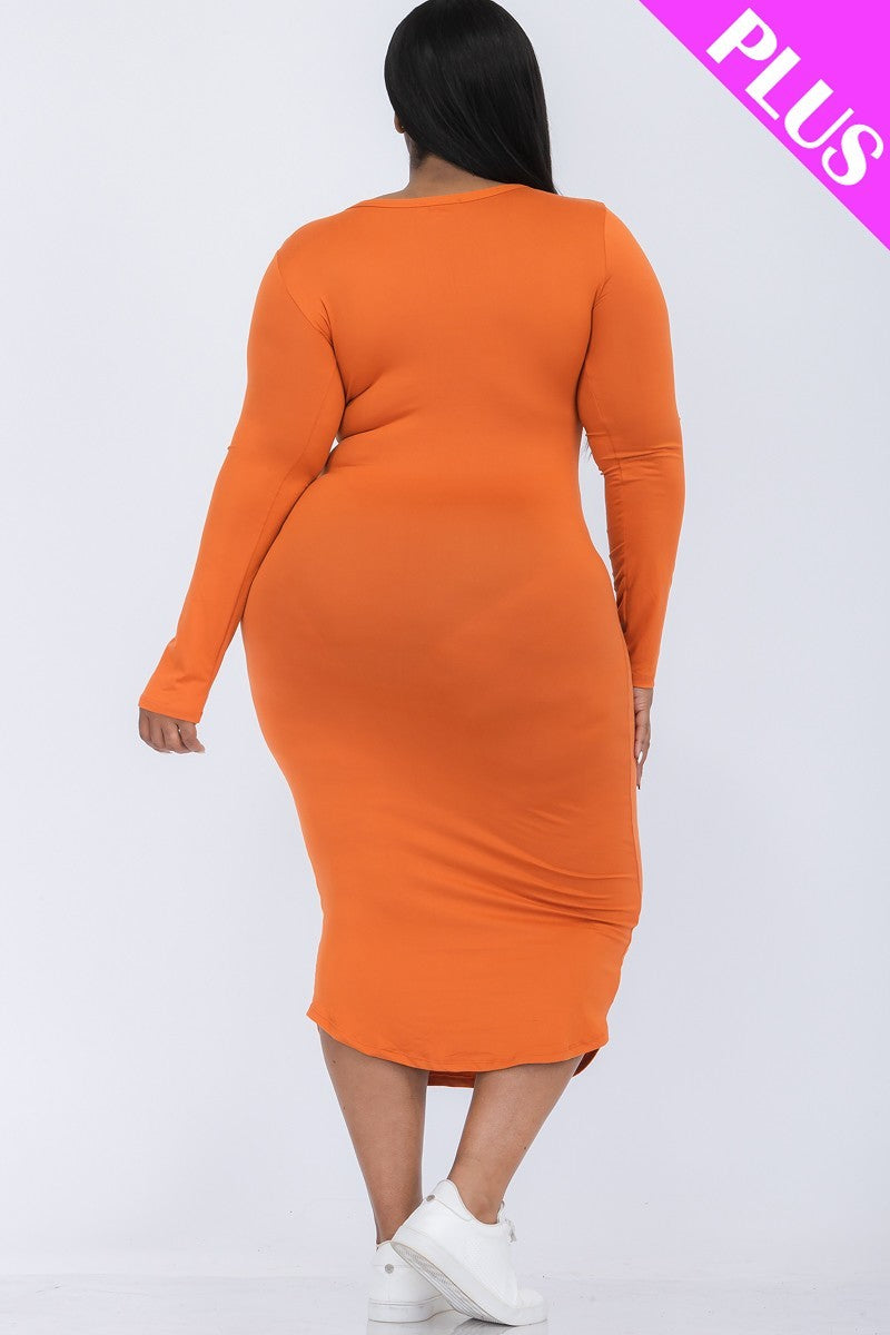 Plus Size Split Neck Long Sleeve Midi Dress | 7 Colors