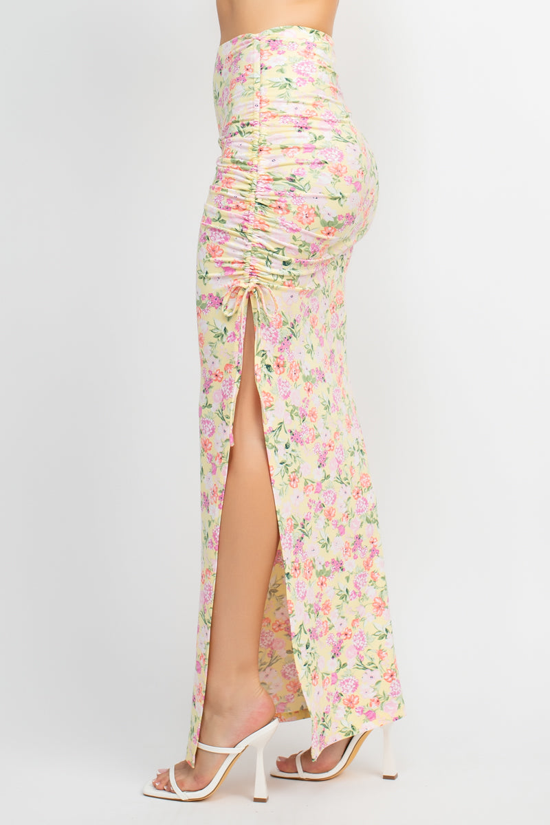 Floral Top & Ruched Maxi Skirts Set (5 Colors)