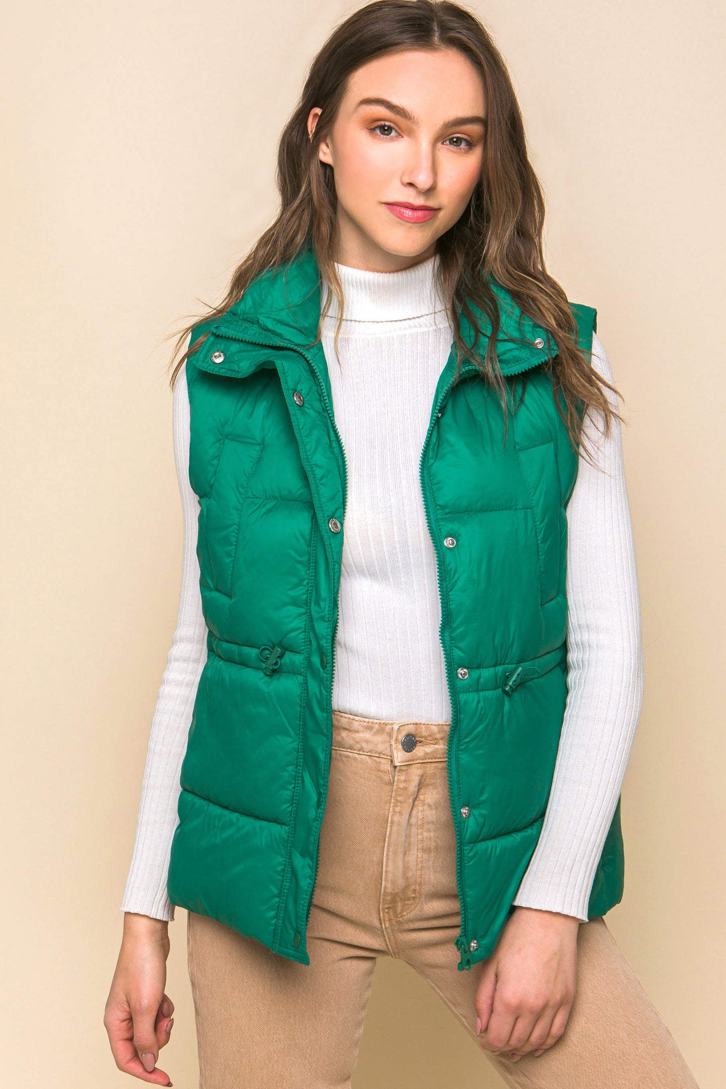 Zip Up Button Puffer Vest With Waist Toggles (5 Colors)