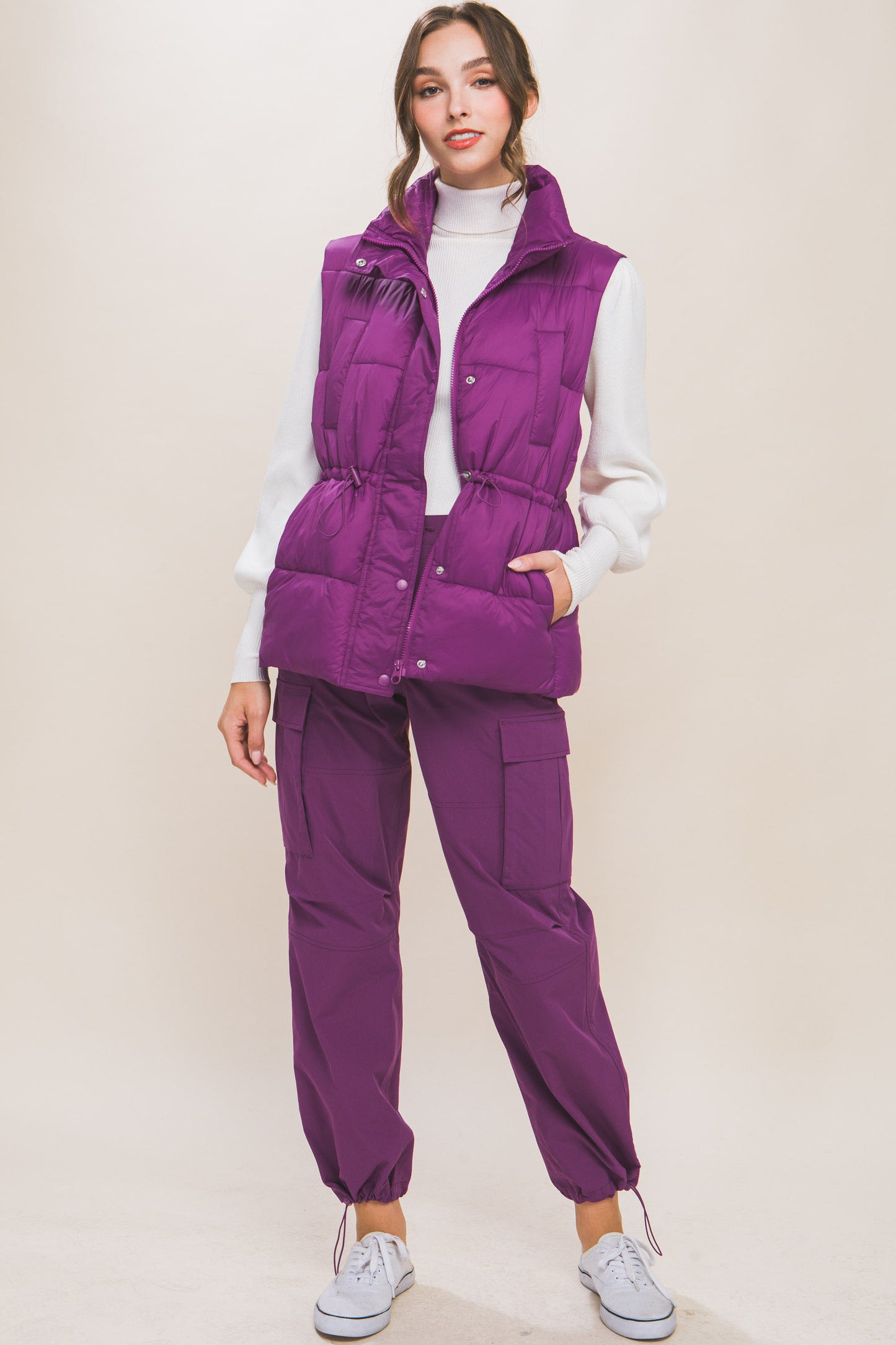 Zip Up Button Puffer Vest With Waist Toggles (5 Colors)