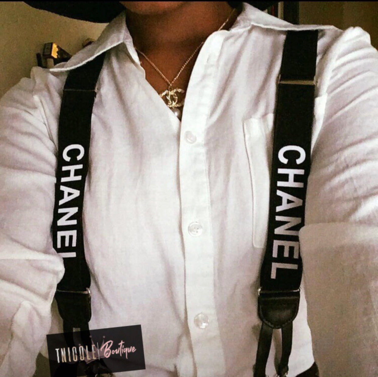 Chanel Black Elastic Logo Suspenders Q6A0JU4EKB097