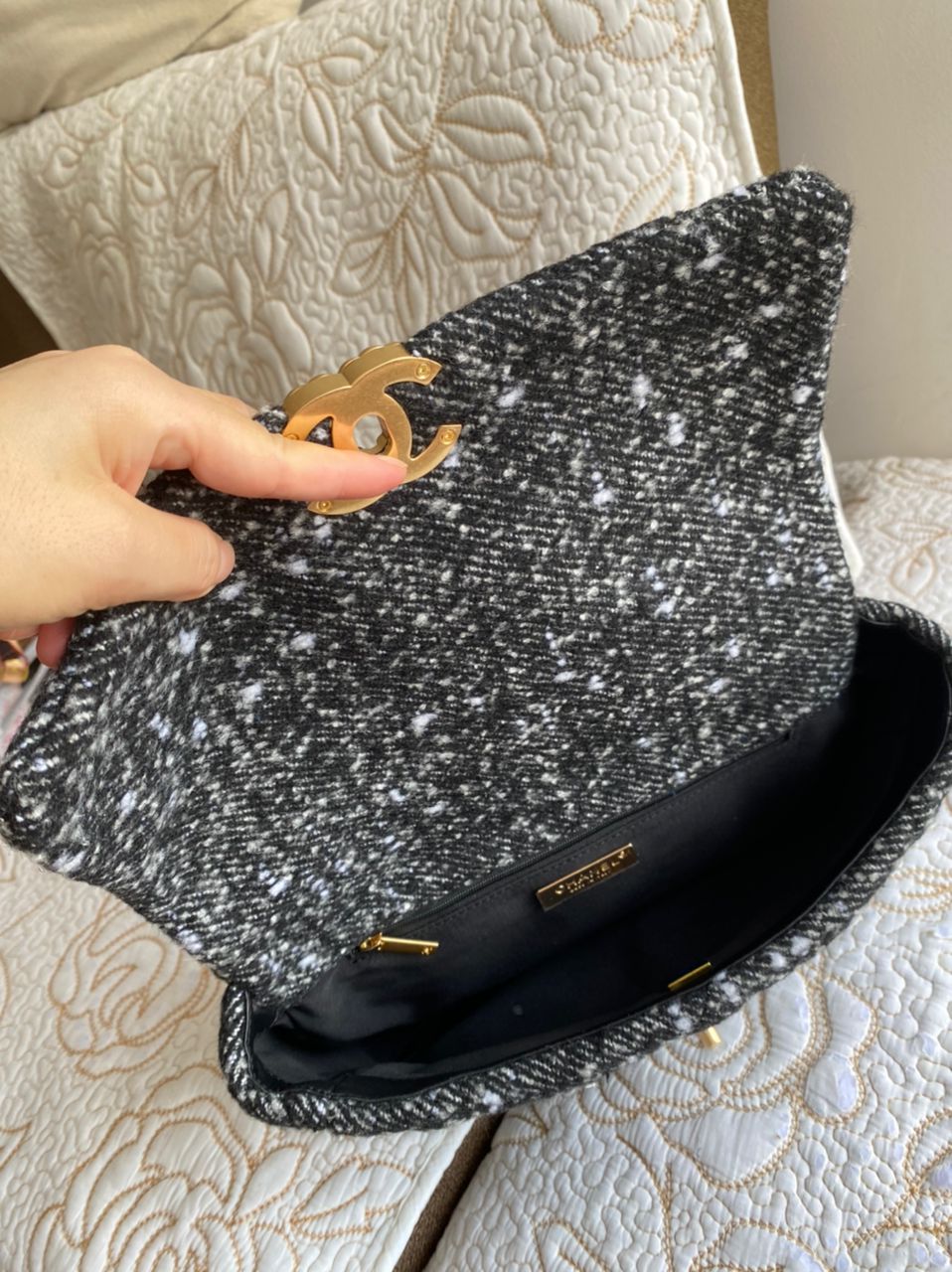 Sac à rabat 19 en tweed gris